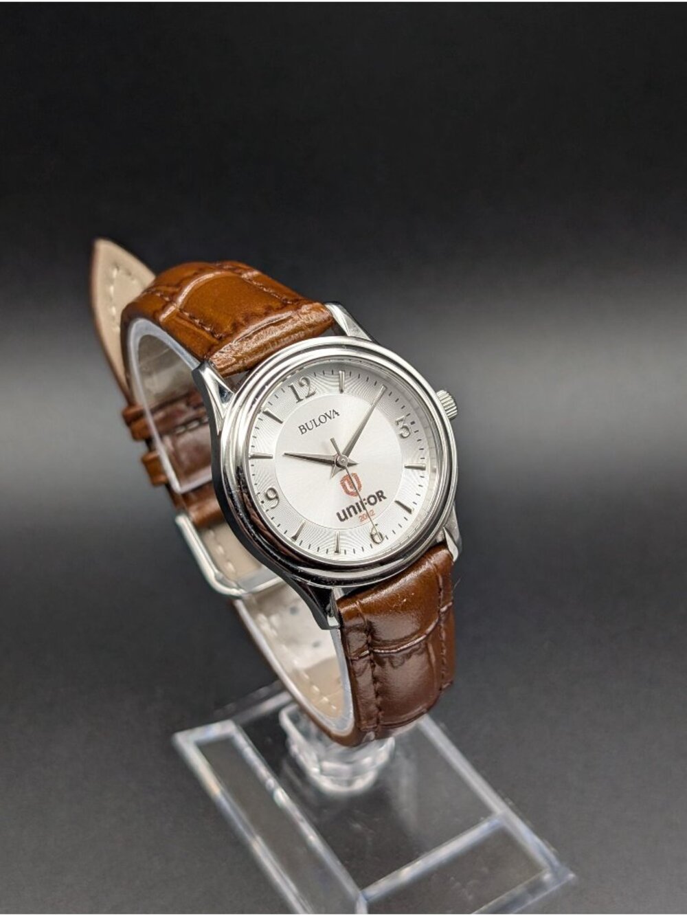 Vintage Bulova Quartz Ladies Watch, Silver Dial, New Brown Leather Strap